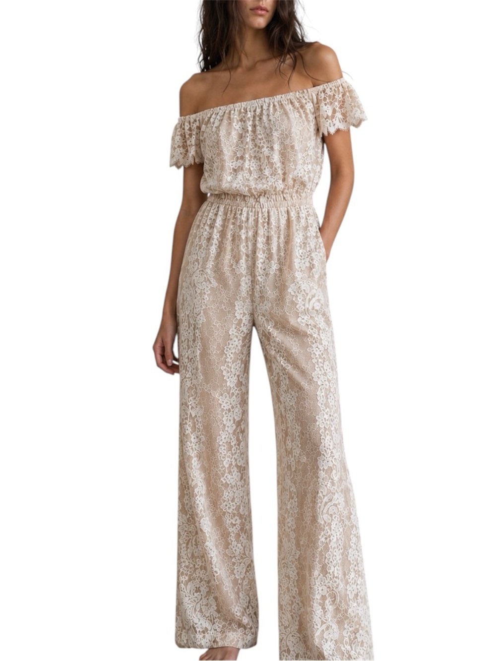 4SI3NNA Nude Beige Floral Lace Off Shoulder Wide Leg Lace Jumpsuit Romper L